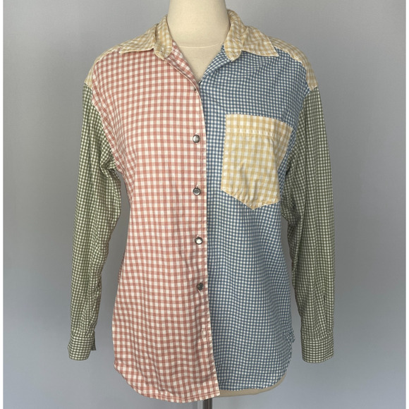 Vintage Tops - Vintage Button Top Size Small Pastel Gingham Patchwork Colorful Picnic Spring